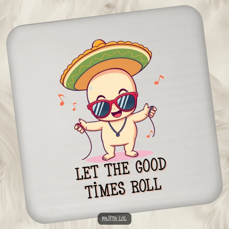 Funny coasters featuring a delighted sombrero character wearing sunglasses and grooving to music, adding a fun and protective touch to tables.