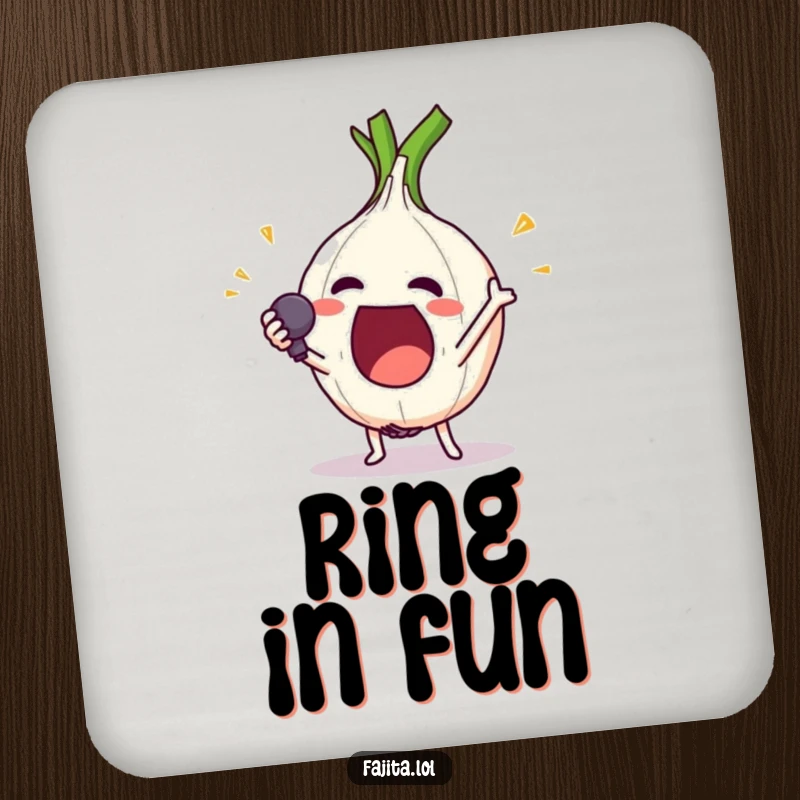 Funny coaster featuring an excited onion ring character performing a dramatic mic drop, protecting surfaces with humor.