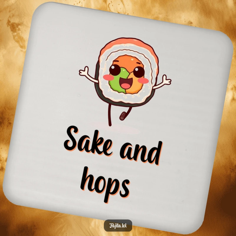 Funny drink coaster featuring a delighted sushi roll on soy sauce legs, doing a happy little hop.