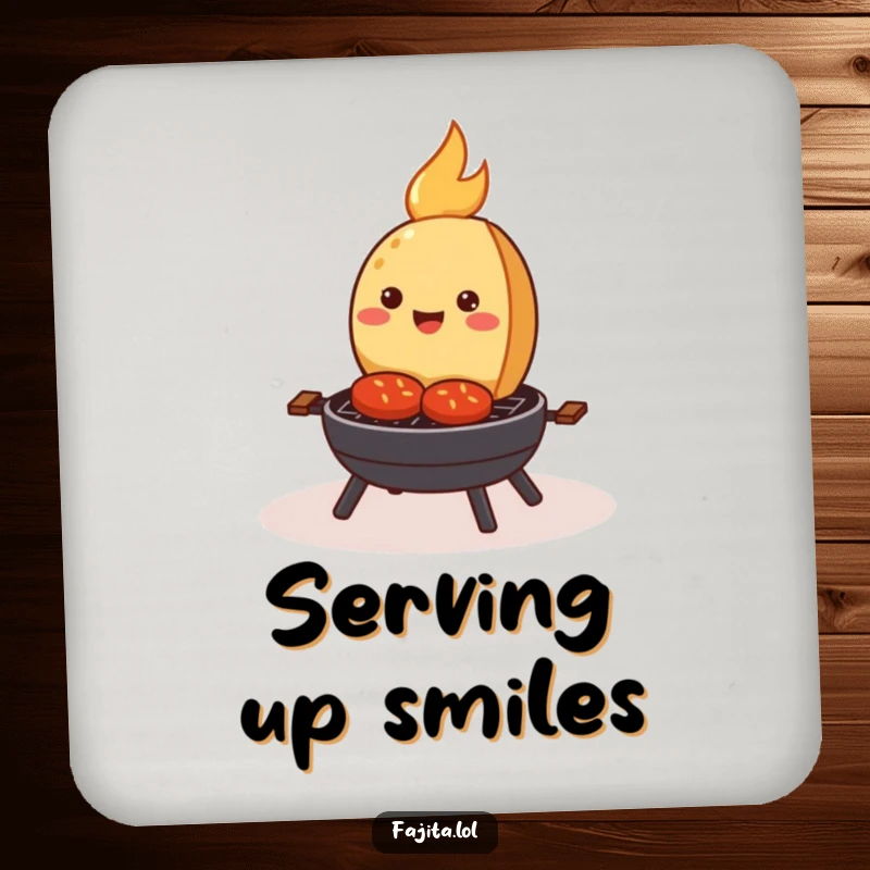 Funny coasters featuring a smiling fajita happily sizzling on a tiny cartoon grill, adding a humorous and protective touch to drink settings.