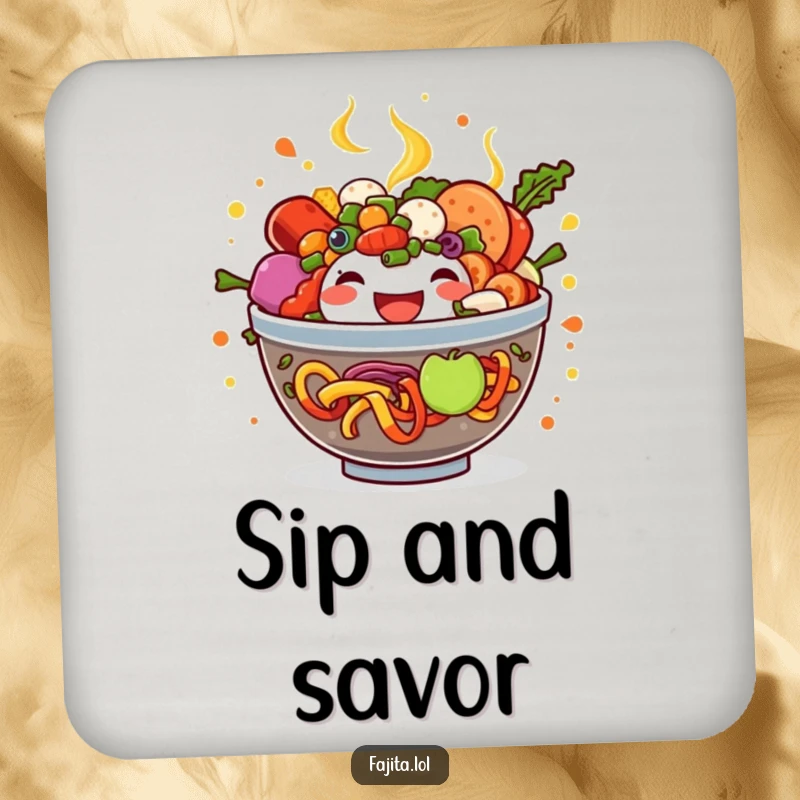 Funny Fajita Bowl Coasters featuring an overflowing mix of ingredients, adding humor and protection to tabletops.
