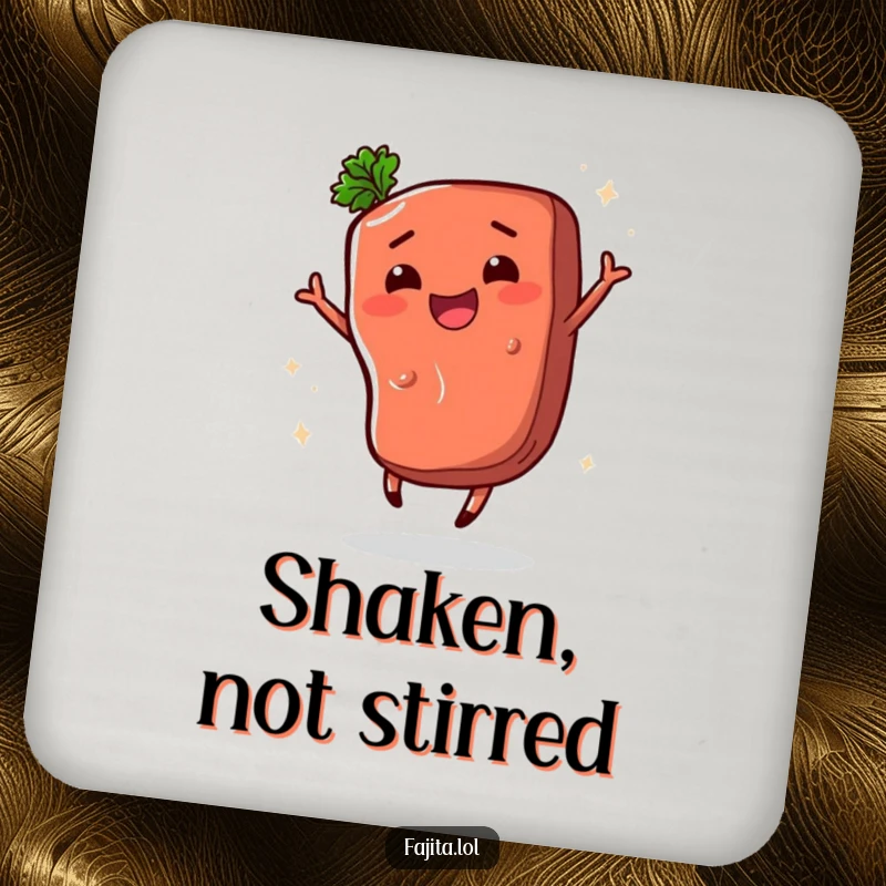 Funny drink coaster with a happy fajita steak segment performing a lively shimmy, adding a touch of comedic flair to beverage service.