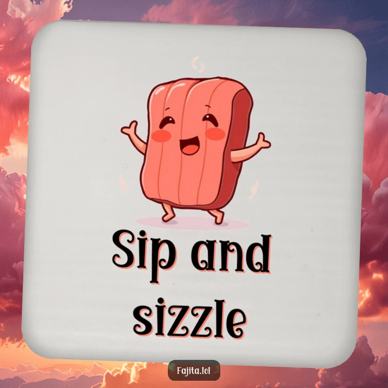 Funny drink coasters featuring a grilled meat strip dancing with excitement, adding humorous charm to any table setting.