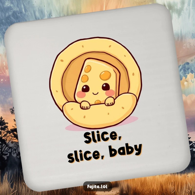 Funny shy cheese slice character peeking from a steaming tortilla on drink coasters, adding humorous and cheesy protection.