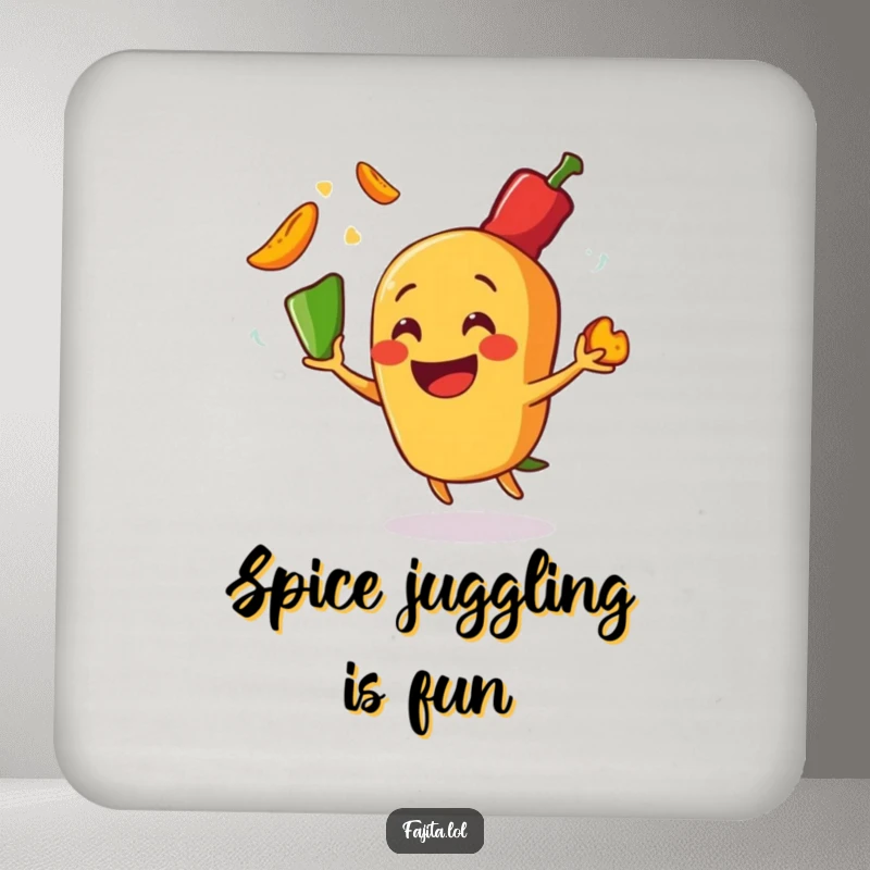 Funny drink coaster depicting a fajita character juggling hot pepper slices, offering surface protection with a humorous, food-inspired design.