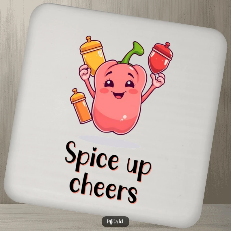 Funny coaster featuring a cheerful bell pepper juggling colorful spice shakers, protecting surfaces with a touch of humor.