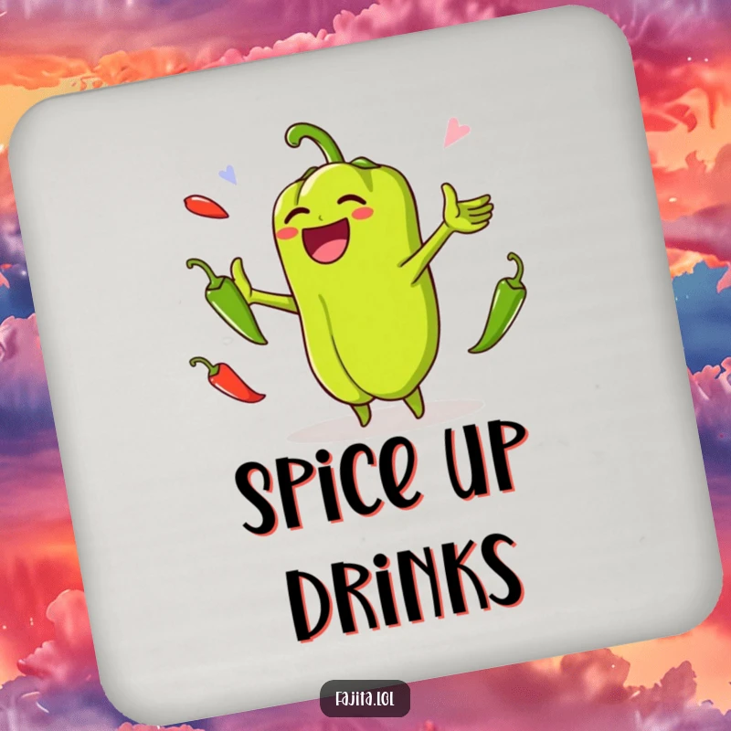 Funny drink coaster with a laughing bell pepper juggling jalapenos, safeguarding surfaces with a dose of culinary cheer and whimsy.