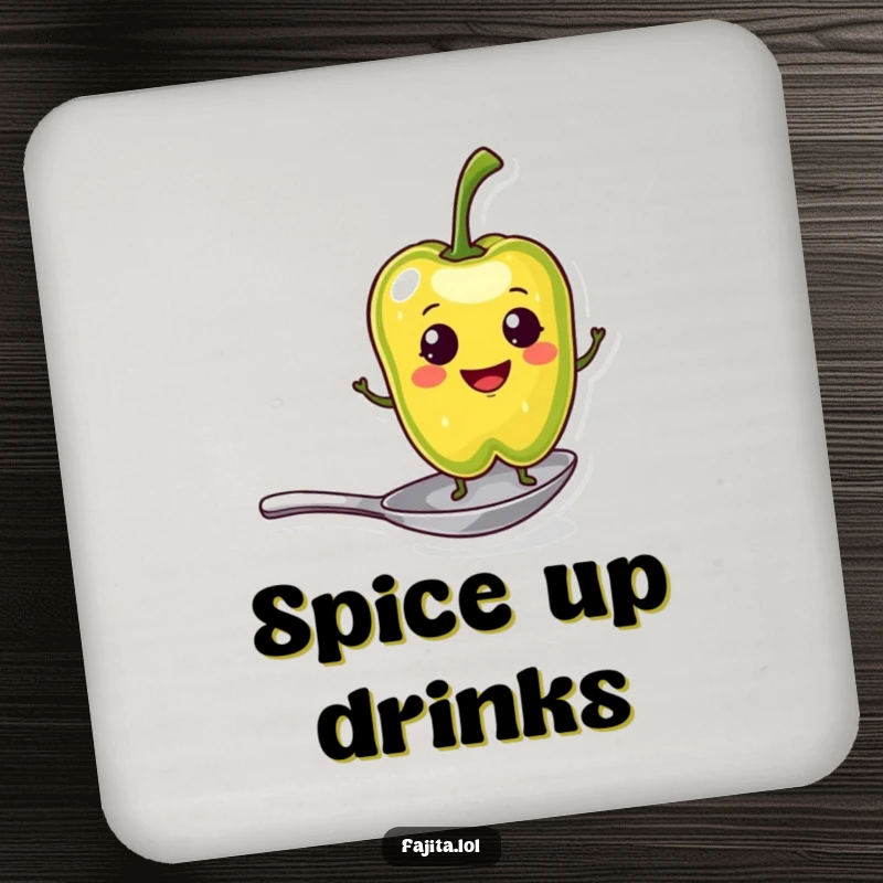 Funny Coasters featuring a smiling pepper slice character balancing on a tiny spoon, protecting surfaces with spicy charm and humor.