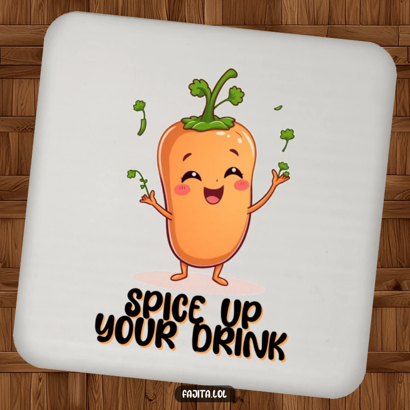 Funny coaster depicts a happy pepper character juggling miniature cilantro sprigs, adding charm to drink settings.