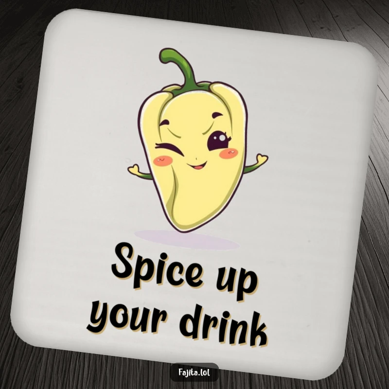 Funny coasters featuring a playful pepper character with a mischievous grin and a wink, adding a humorous and protective touch to drink settings.
