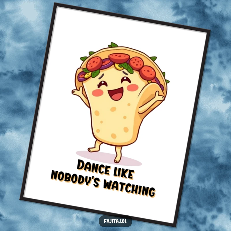 Funny poster showcases a smiling fajita in a tortilla shell doing an energetic salsa dance, capturing the spirit of fiesta.