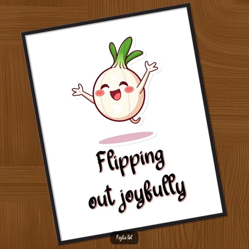 Funny poster showcasing a smiling onion ring doing a cartwheel, conveying excitement and a playful spirit.