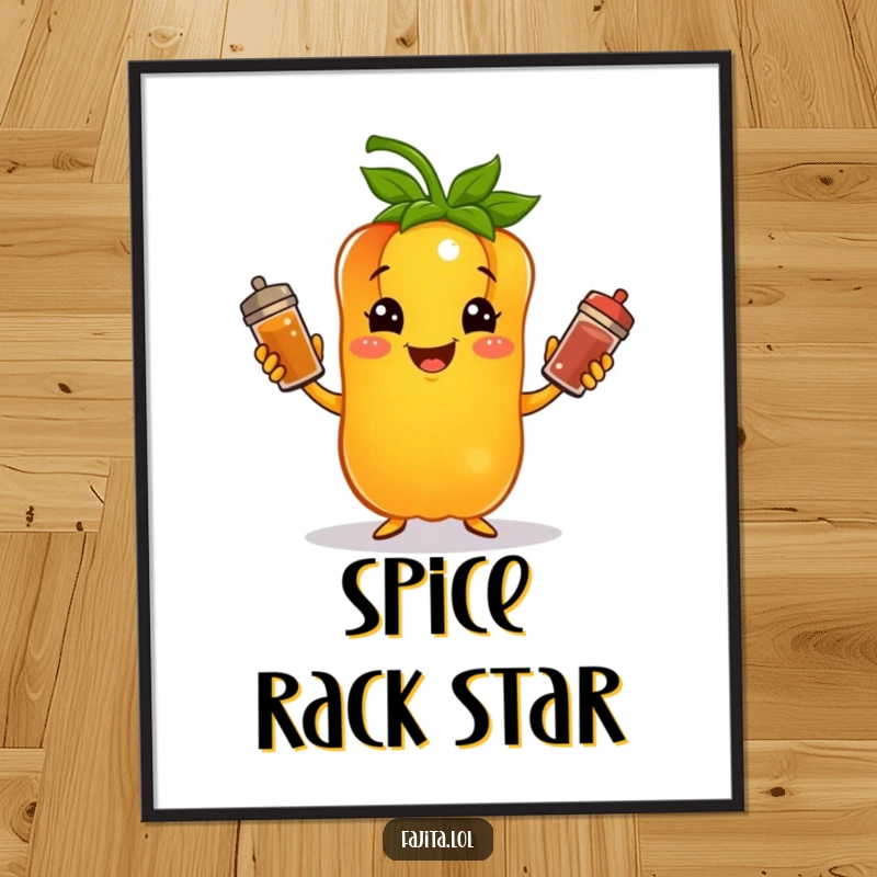 Funny poster art of a cheerful bell pepper character juggling colorful spice shakers, celebrating a love for flavor and fun.