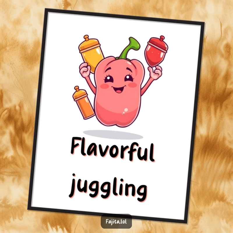 Funny poster depicting a cheerful bell pepper character juggling three spice shakers with infectious glee, a vibrant culinary artwork.