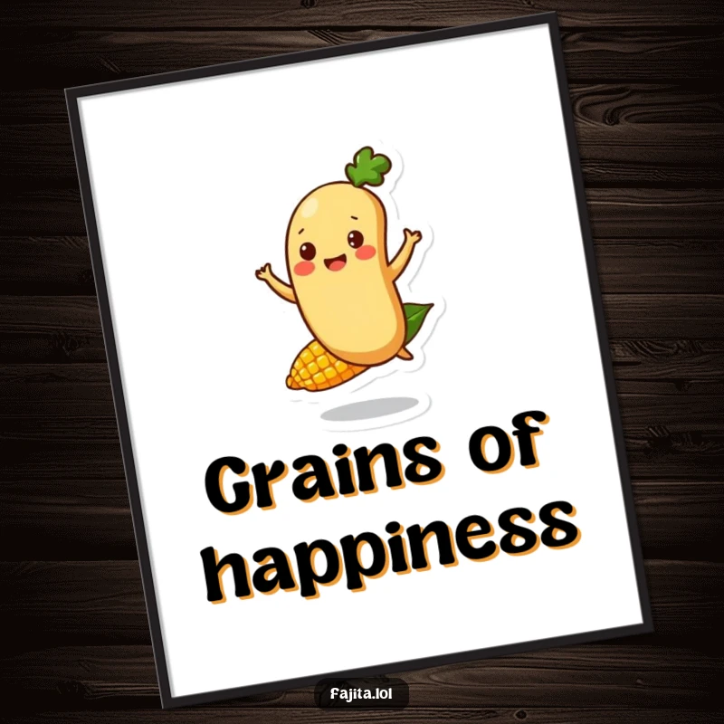 Funny Fajita Bean Character Poster depicting a happy bounce on a corn kernel, perfect for adding joyful humor to wall decor.