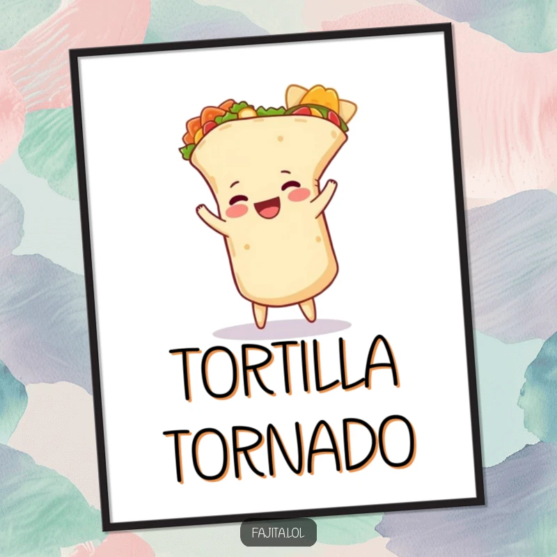 Funny burrito poster showing a happy burrito performing a cartwheel with its tortilla unfurling, adding dynamic humor to wall decor.