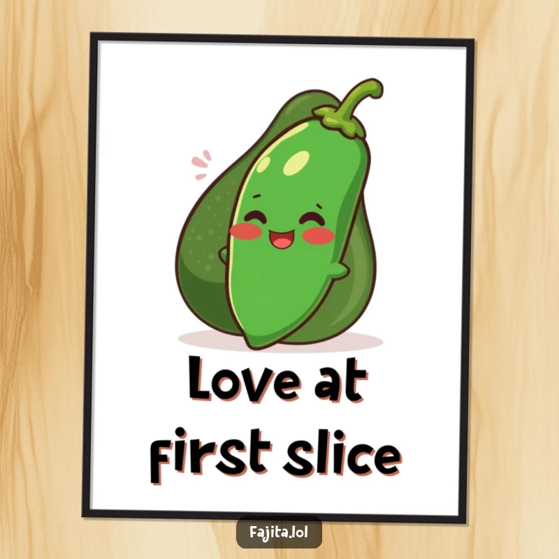Funny blushing jalapeno hiding behind a smiling avocado on a poster, whimsical and humorous wall art for kitchens.