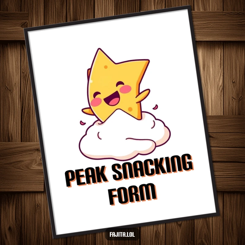 Funny poster illustration of a mischievous nacho chip mid-dive into a creamy dollop of sour cream.