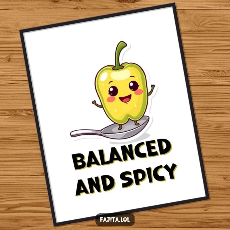 Funny Poster featuring a smiling pepper slice character balancing on a tiny spoon, creating a witty and humorous decorative piece.
