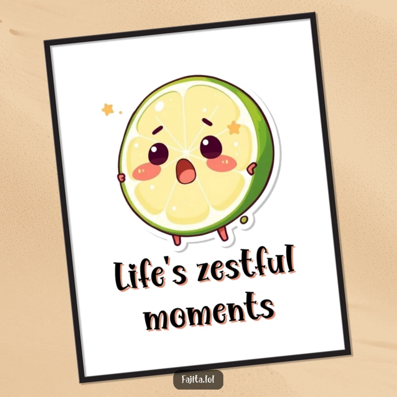 Funny poster art of a surprised lime wedge character comically reacting to a playful squeeze, full of citrusy charm.