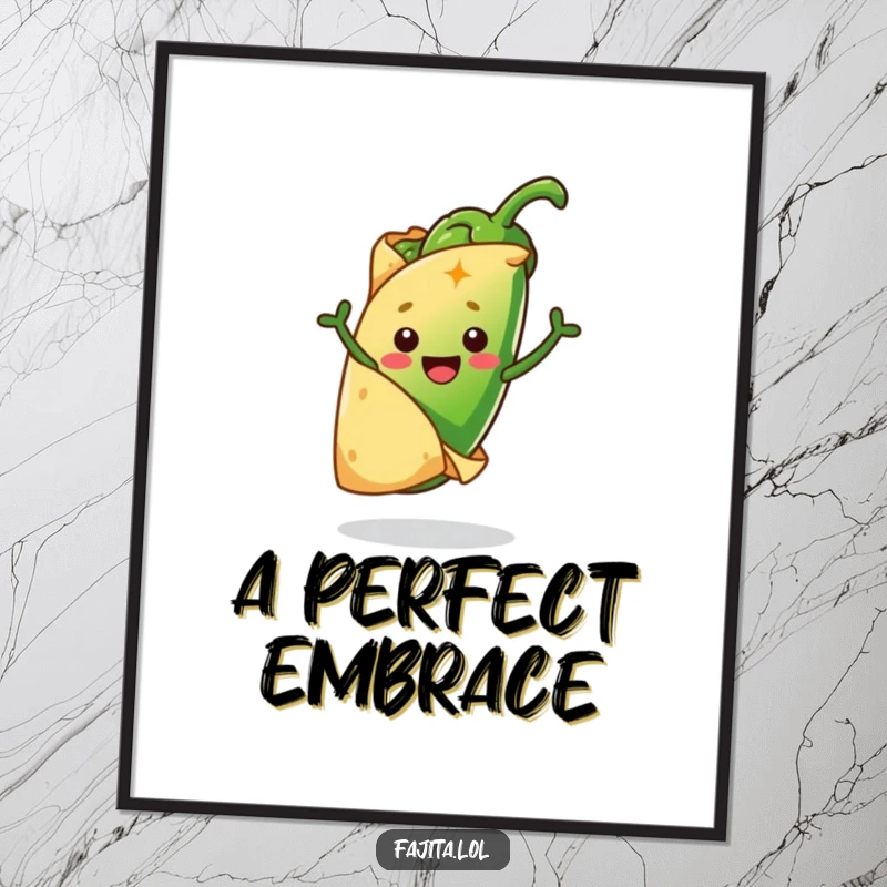 Funny poster art of a happy tortilla embracing a jumping jalapeño, celebrating Mexican food with a humorous and lively design.