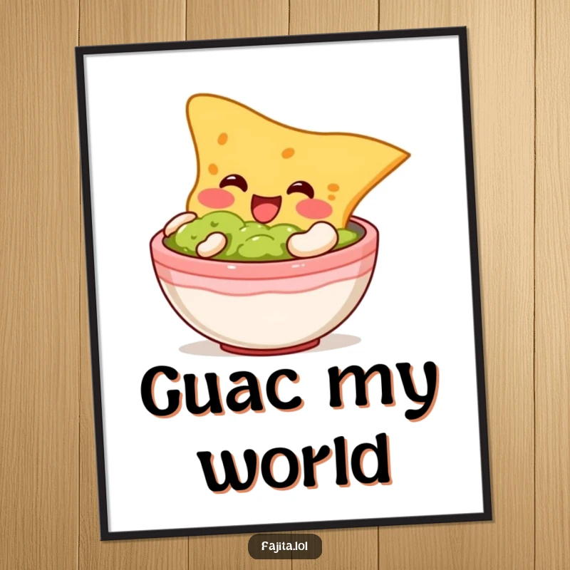 Funny poster showing a plump tortilla chip character making a happy dive into a bowl of guacamole, celebrating snack time.