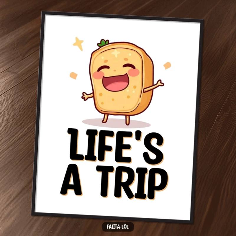 Funny Fajita Ingredient Slice Poster depicting a comedic trip, perfect for adding humor and personality to wall decor.