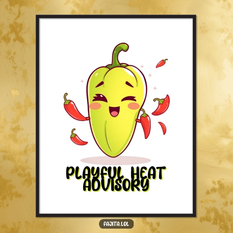 Funny poster artwork of a fajita pepper winking playfully while juggling tiny chili peppers, perfect for adding a humorous touch to decor.