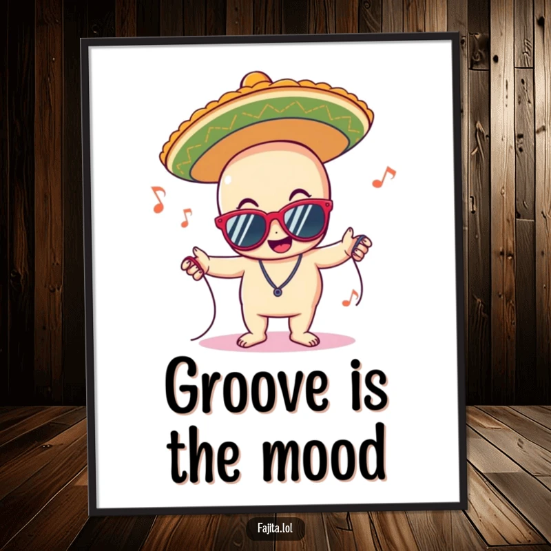 Funny poster featuring a delighted sombrero character wearing sunglasses and grooving to music, capturing a fun and festive party atmosphere.