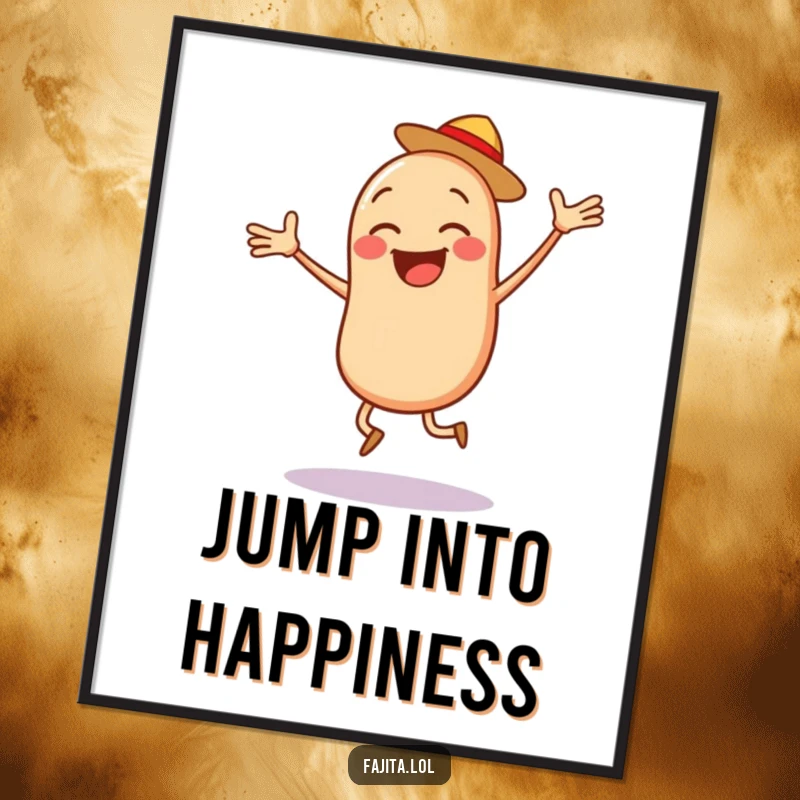 Funny Bean Salsa Poster, a cartoon bean character doing a jumping jack next to salsa, bringing vibrant energy to walls.