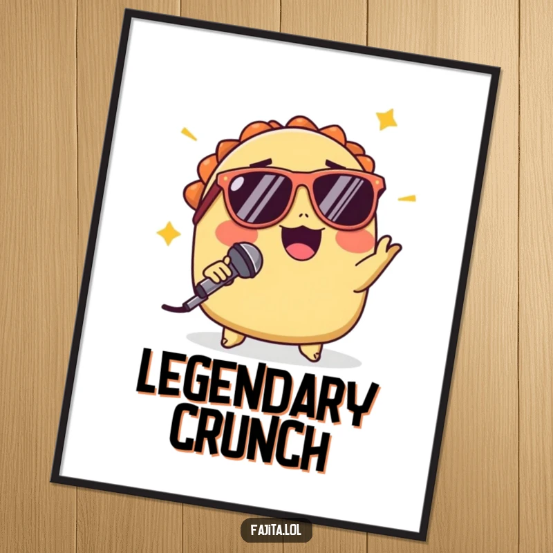 Funny poster of a cool taco wearing sunglasses, performing a dramatic mic drop, radiating ultimate confidence and flair.