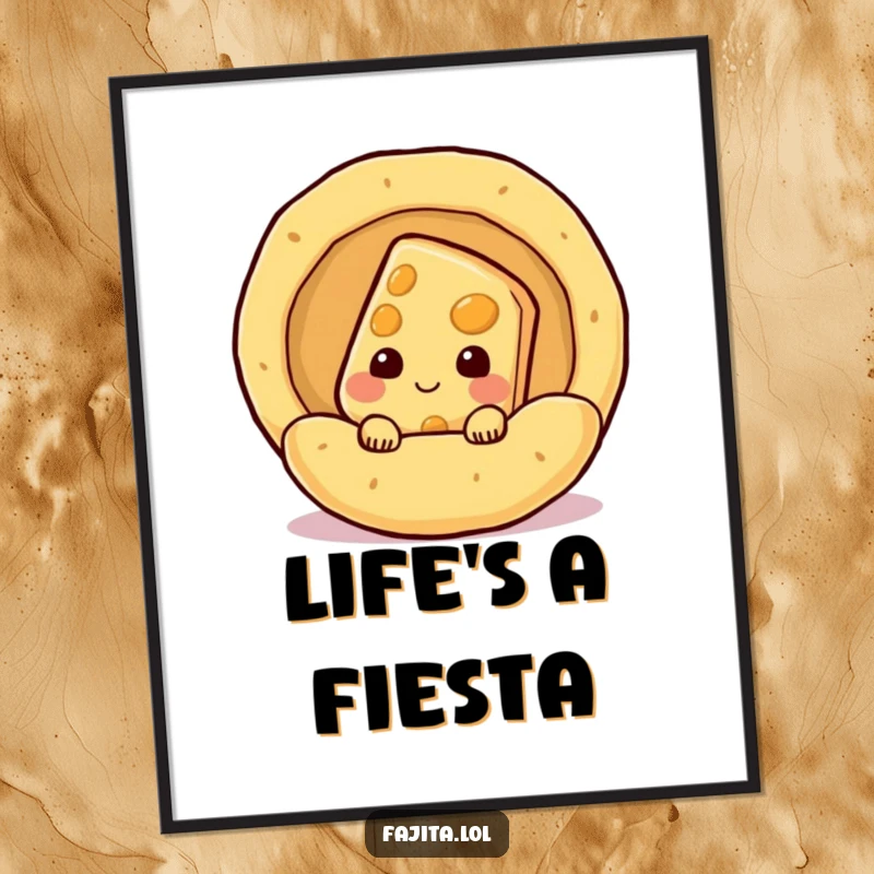 Funny shy cheese slice character peeking from a steaming tortilla on a poster, delightful and humorous wall art.