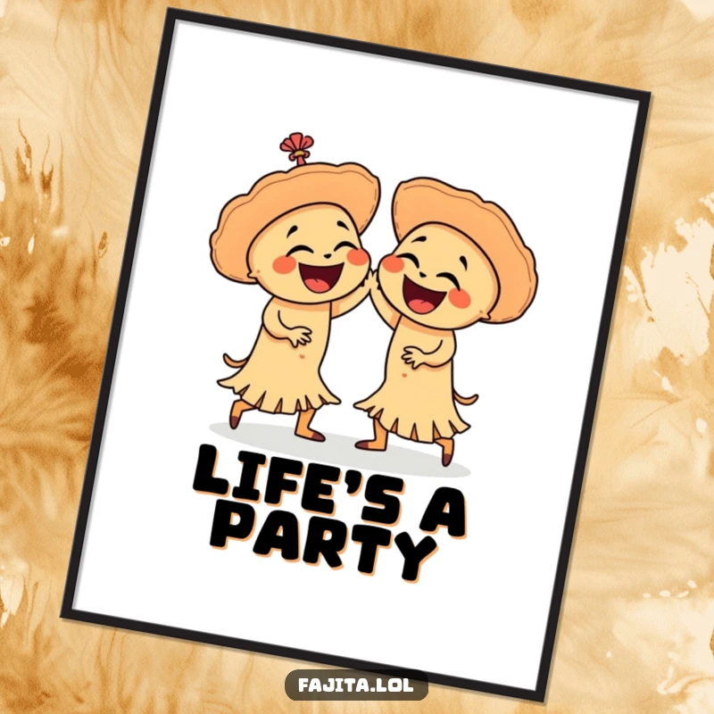 Funny poster featuring two laughing fajitas in a lively salsa dance, capturing the energetic spirit of Mexican food and celebration.