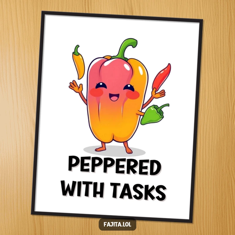 Funny Bell Pepper Poster: A bell pepper character skillfully juggling three colorful chili peppers, bringing vibrant and humorous art.