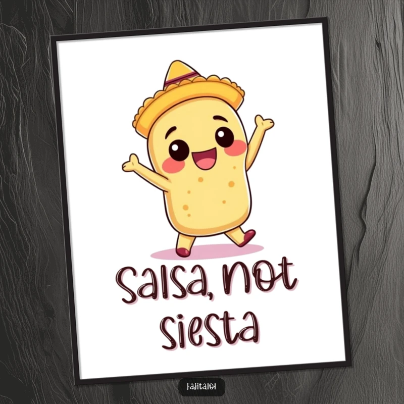 Funny poster illustration of a smiling burrito with a tiny sombrero, passionately salsa dancing with lively enthusiasm.