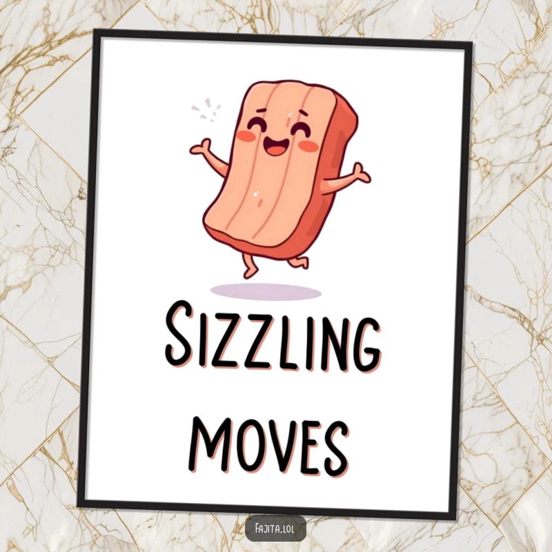 Funny poster depicting a smiling strip of grilled meat doing a joyful shimmy dance, a hilarious piece of food art.