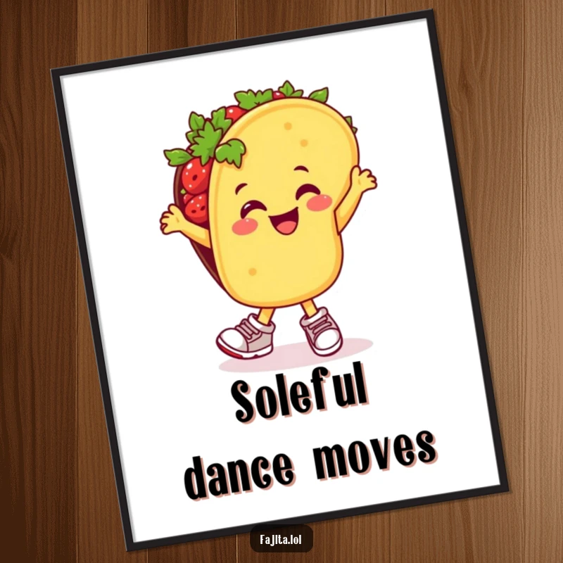 Funny poster illustration of a cheerful taco in tiny sneakers, passionately performing a salsa dance with joyful abandon.
