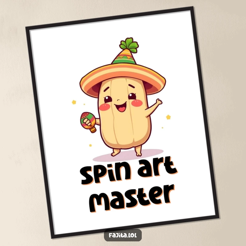 Funny poster illustration of a giddy tamale with a festive hat, joyfully spinning with a maraca in hand.