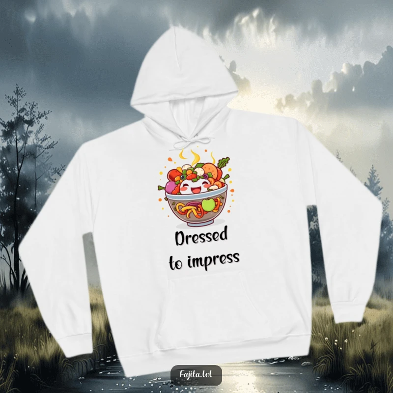 Funny Fajita Bowl Hoodie design featuring an overflowing bowl of colorful ingredients, offering warmth and humor for chilly days.