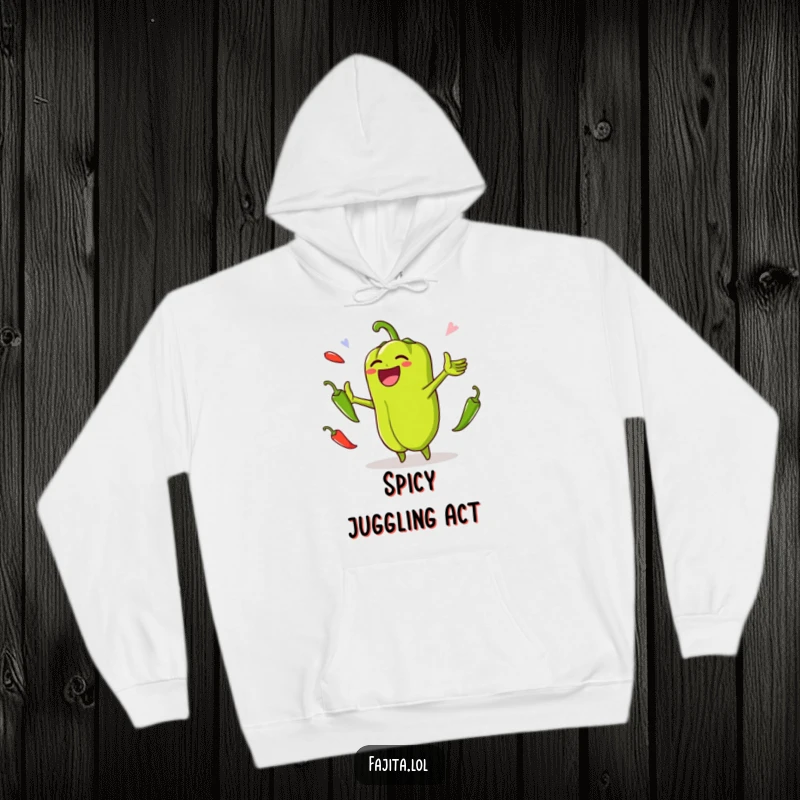 Funny hoodie featuring a laughing bell pepper juggling jalapenos, perfect for staying warm while embracing playful veggie chaos.