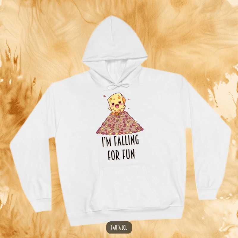 Funny hoodie design of a playful cheese shred character descending a mountain of beans, embodying movement and fun.