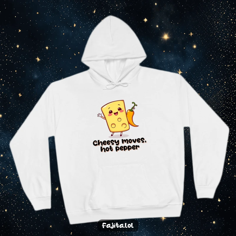 Funny hoodie featuring a cheerful cheese slice doing a cartwheel next to a sizzling pepper, providing warm and humorous comfort.