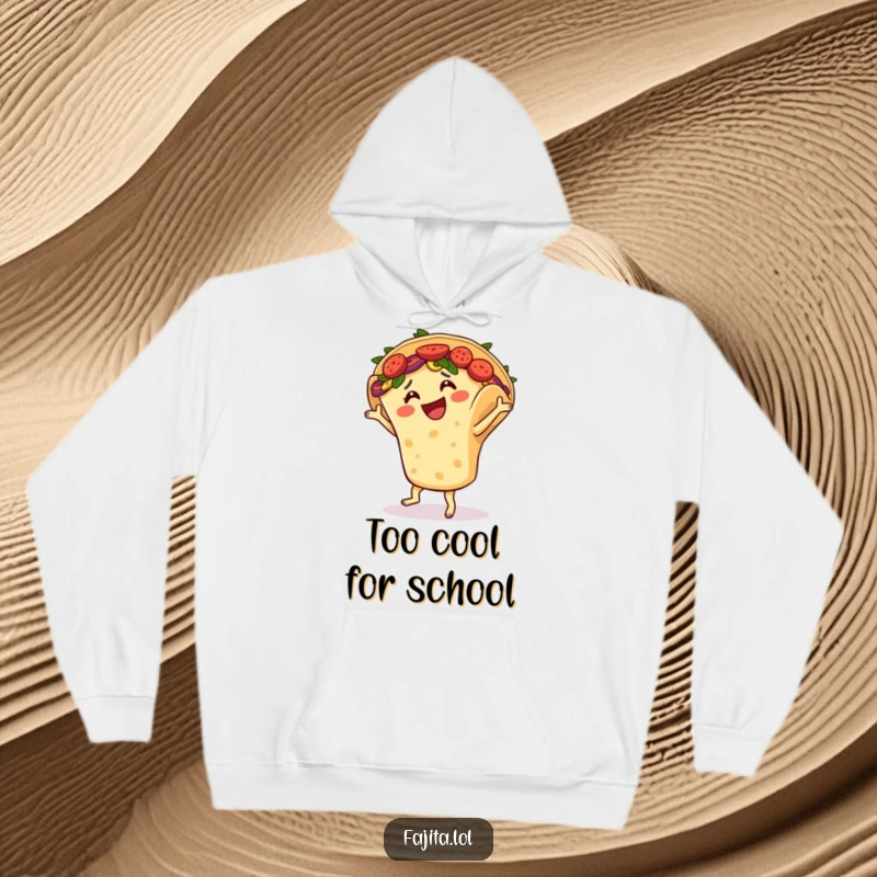 Funny hoodie depicts a smiling fajita in a tortilla shell doing a lively salsa dance, radiating festive Mexican food vibes.