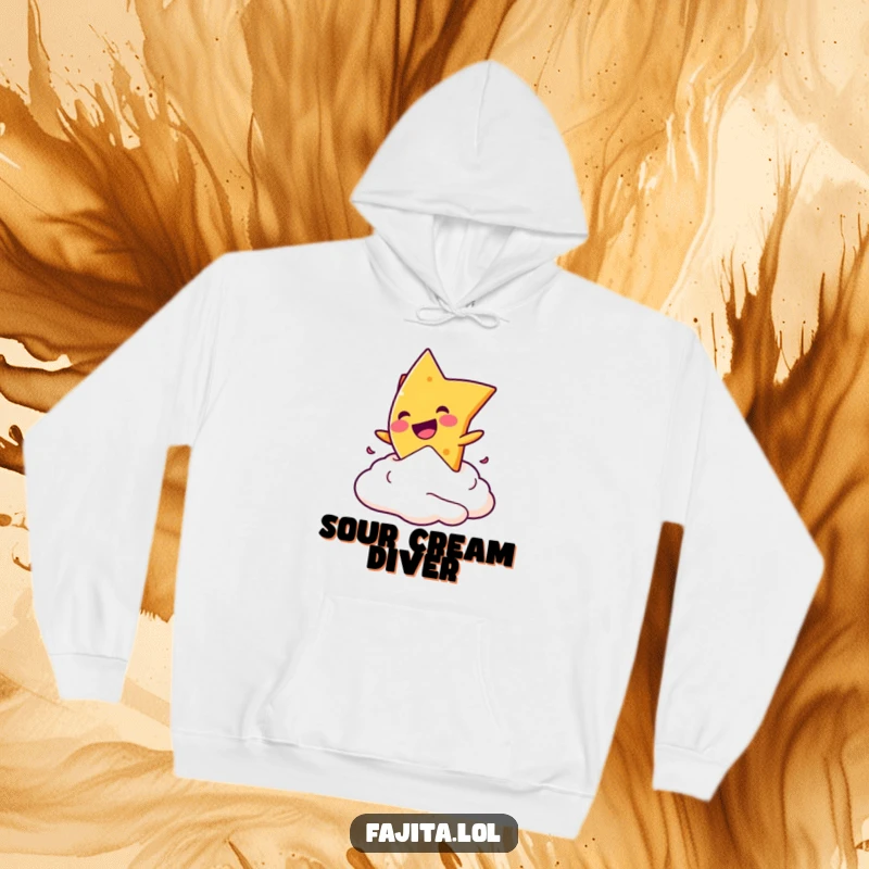 Funny hoodie showcasing a mischievous nacho chip doing a playful dive into a dollop of sour cream.