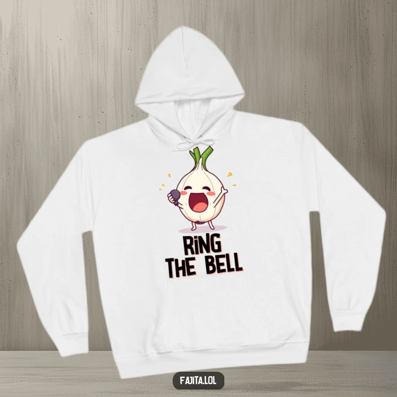 Funny hoodie featuring an excited onion ring character performing a dramatic mic drop, embodying crispy confidence.