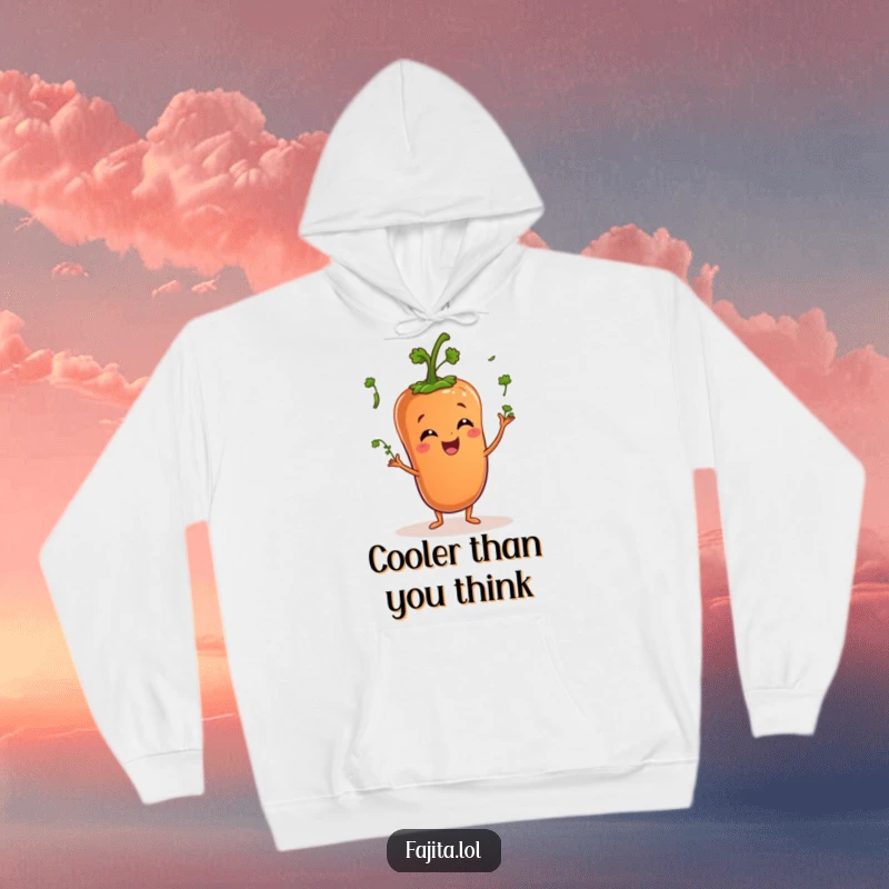 Funny hoodie depicts a happy pepper character juggling small cilantro sprigs, offering warmth and veggie-themed amusement.