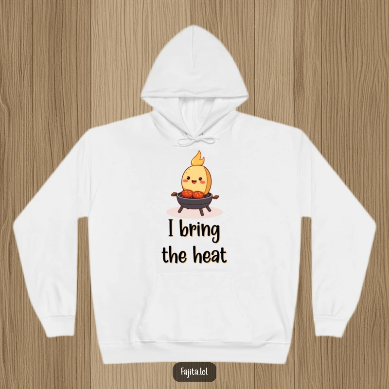 Funny hoodie with a smiling fajita happily sizzling on a tiny cartoon grill, offering warmth and a side of delicious humor.