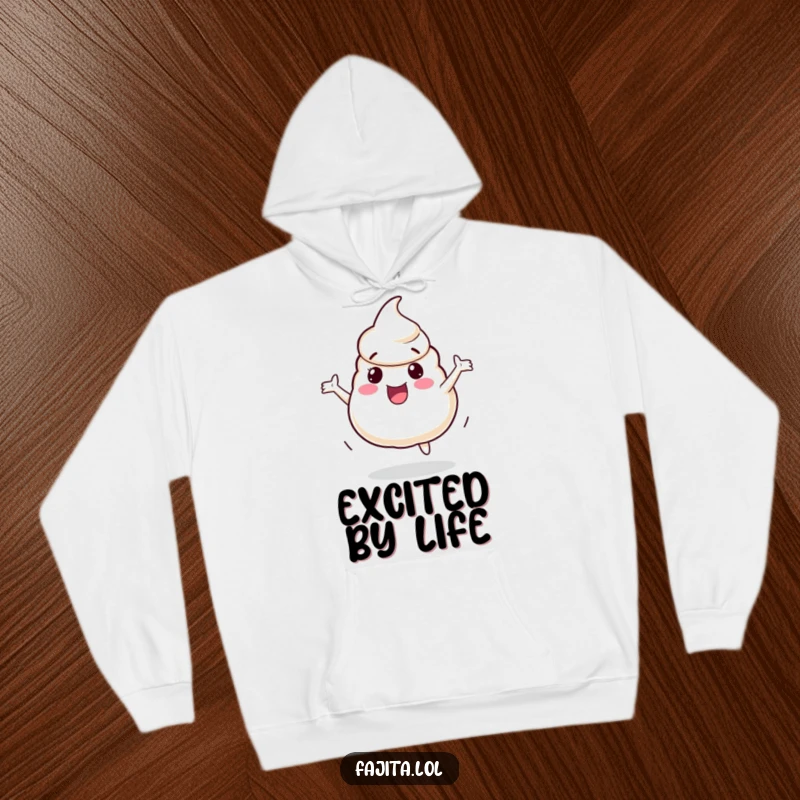 Funny Hoodie featuring a playful sour cream dollop character bouncing with excitement, designed for maximum comfort and cheerful vibes.