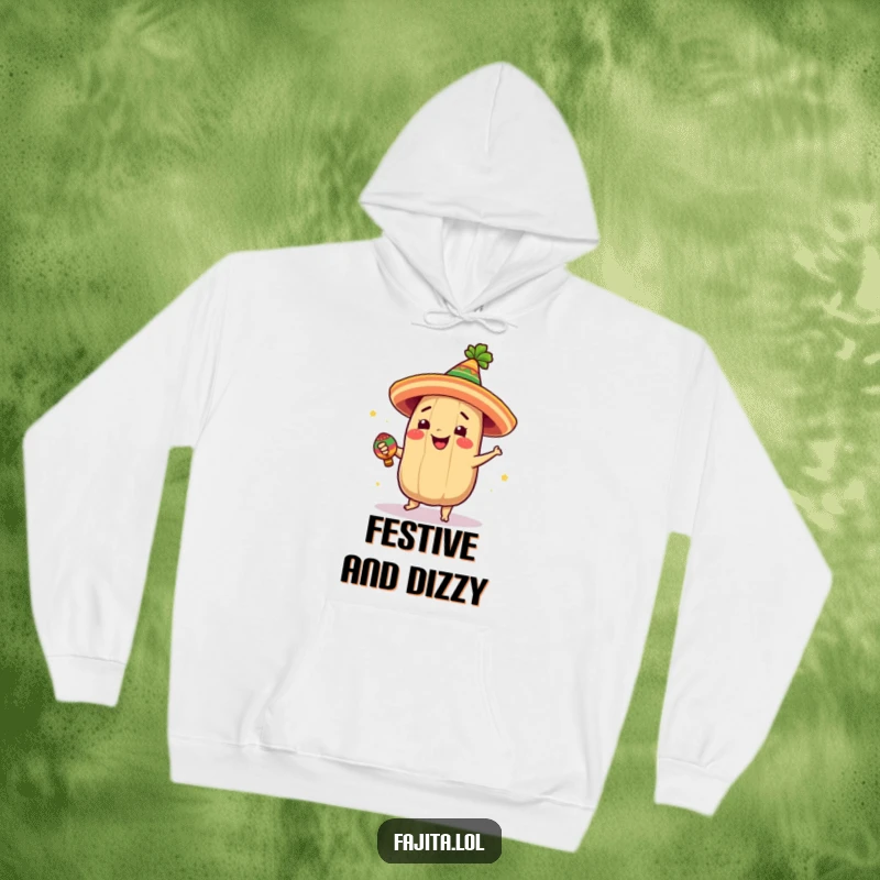 Funny hoodie showcasing a giddy tamale in a festive hat, spinning joyfully with a maraca, ready to party.
