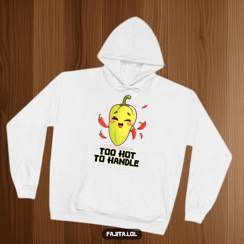 Funny hoodie featuring a fajita pepper winking mischievously while juggling chili peppers, offering comfortable and humorous apparel.